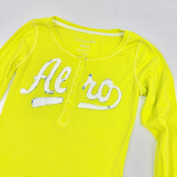 Y2K Aeropostale Top Womens M Henley Long Sleeve‎ Shirt Stretch 2000s Yellow - Picture 2 of 8
